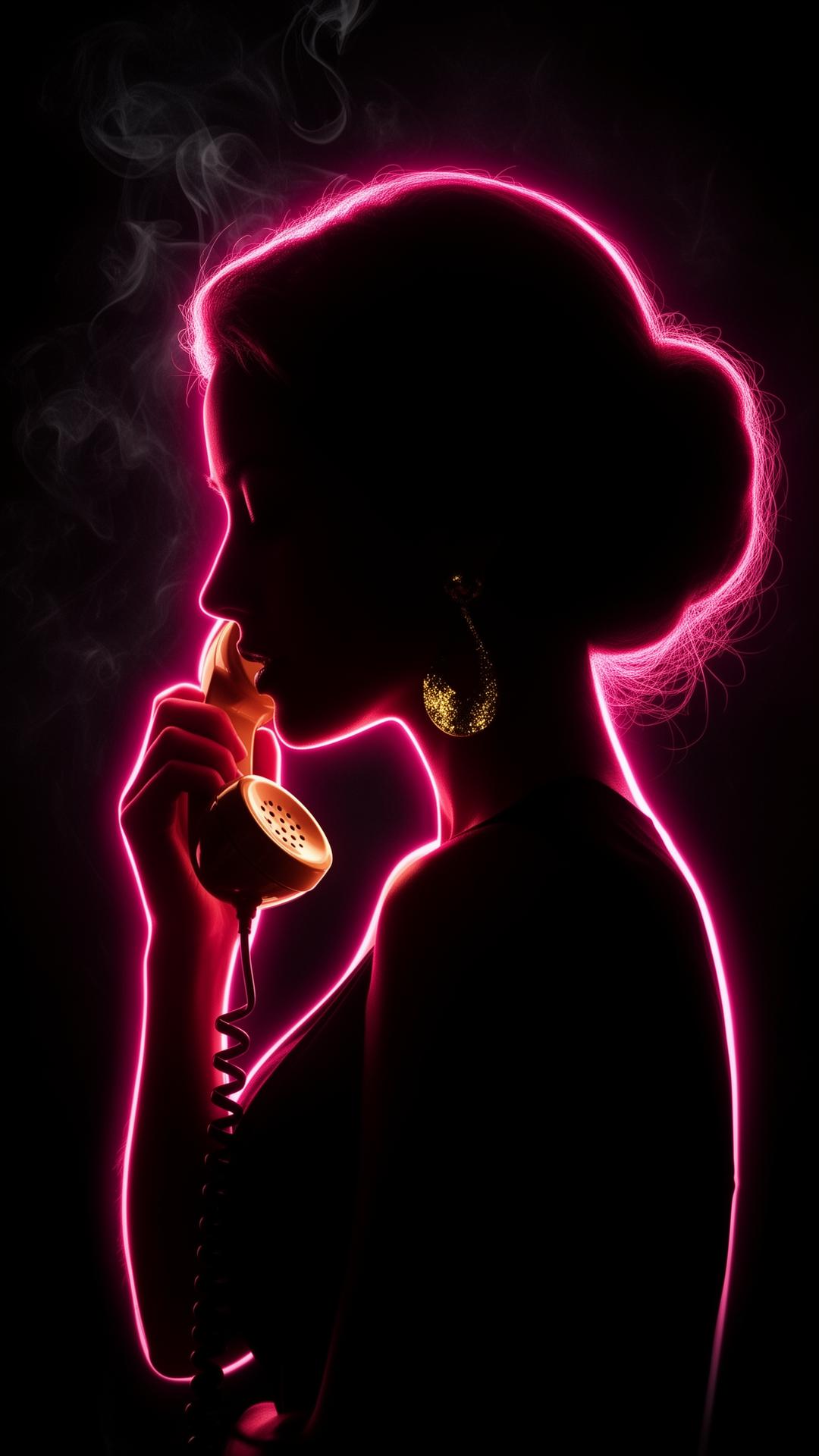 Neon silhouette holding a vintage telephone
